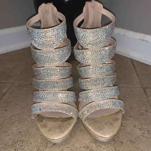 Dressy formal Heels - Glitter Gold tone with Rhinestones 4" Heel Platform sz 7 - Picture 2 of 8
